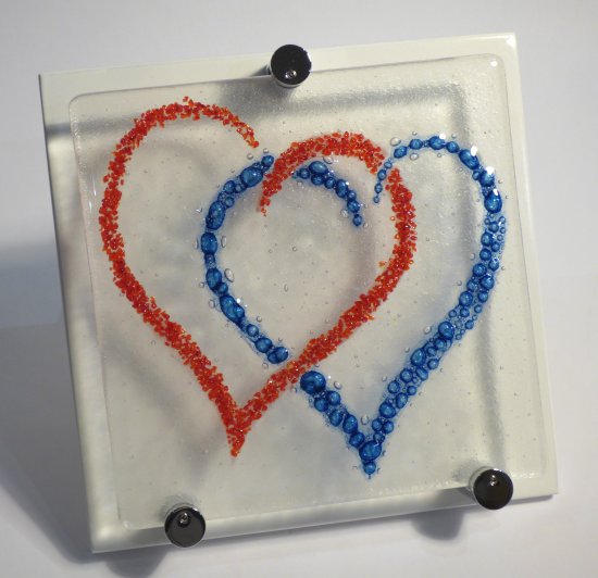 Amour heart themed fused glass wall art by Jenny Timms and Vitreus Art