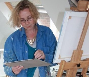 Mixed media artist Clare Tebboth in her studio