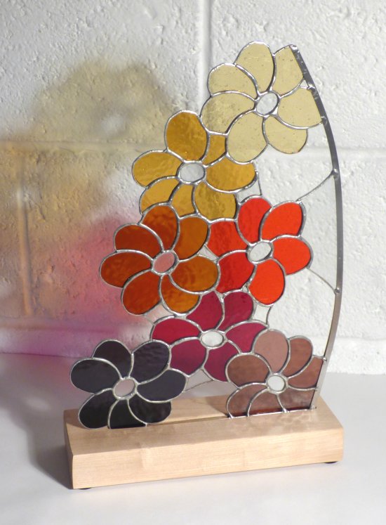 Delius - freestanding flower shaped stained glass on a wooden base from Vitreus Art