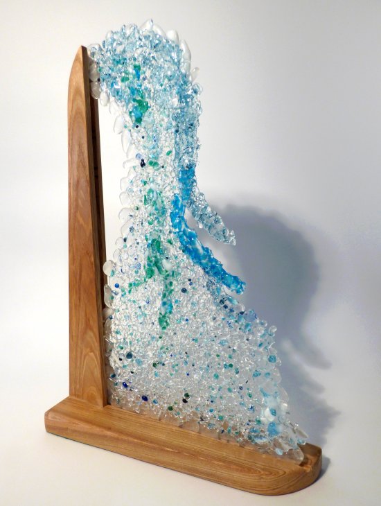 Falling Water - sea themed fused glass and wood art by Jenny Timms of Vitreus Art, on show at the gallery near Towcester and Milton Keynes in Northants