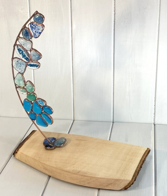Copper foiled seaglass on a reclaimed wooden base made by Vitreus Art