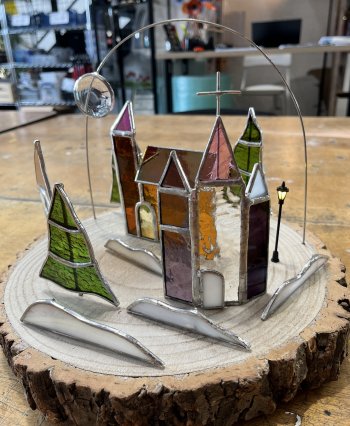 Create your own stained glass copper foiled winter scene like this